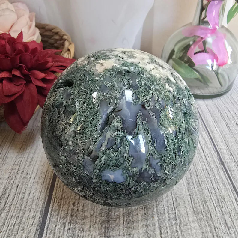 Large Moss Agate Sphere with Matching Sphere Stand, 80 - 90mm