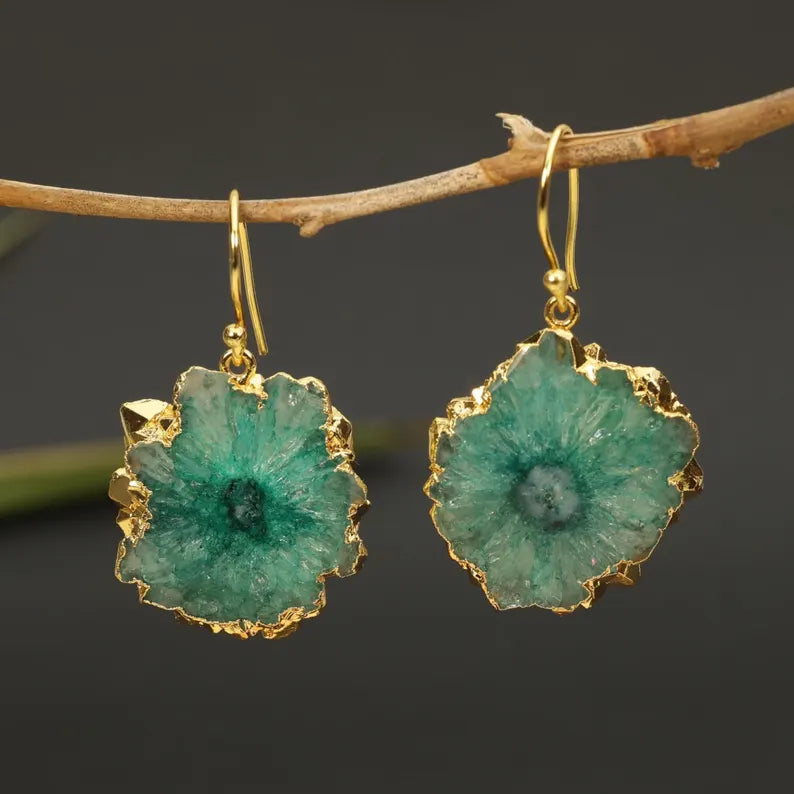 Evil Eye Earrings, Green Solar Quartz Dangle Earrings | Gold Plated Brass, Boho Jewelry