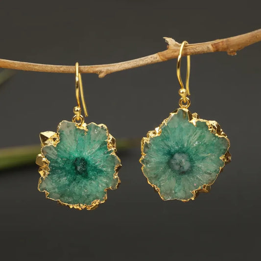 Evil Eye Earrings, Green Solar Quartz Dangle Earrings | Gold Plated Brass, Boho Jewelry