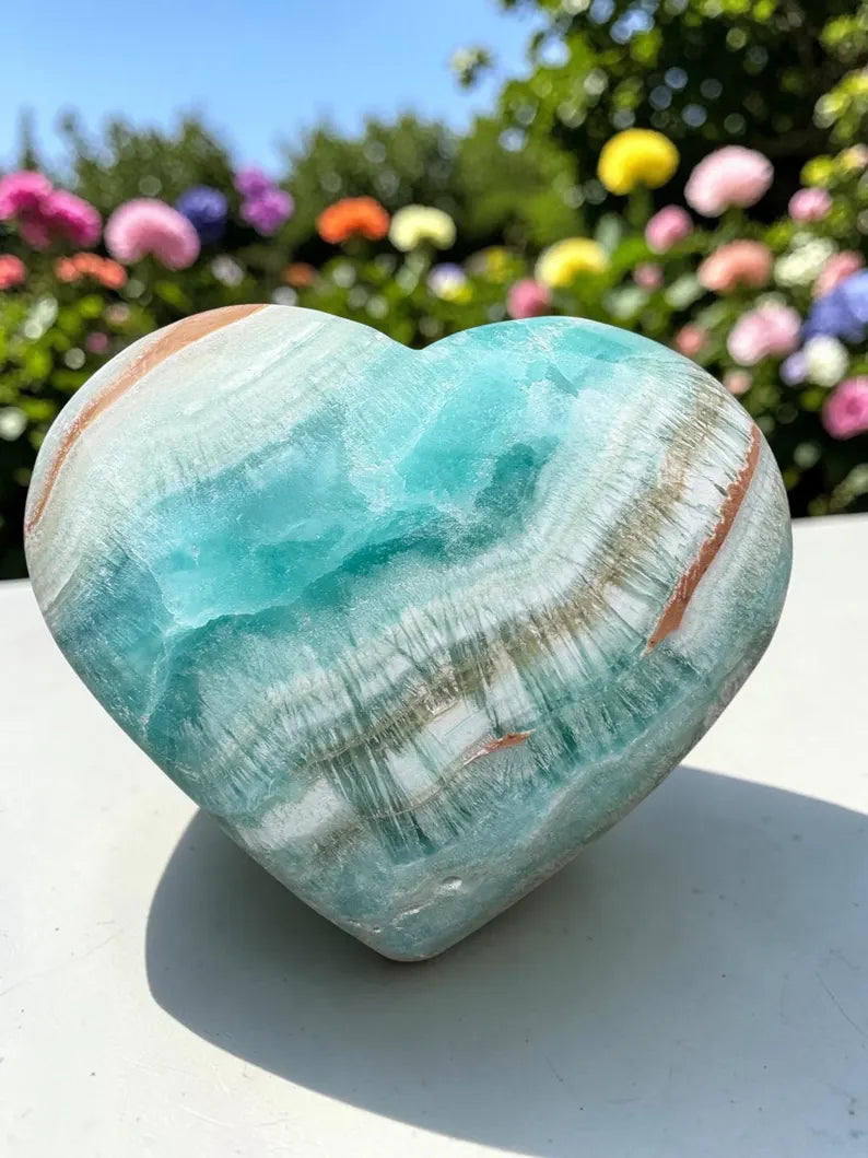 Caribbean Calcite Heart Crystal | Ocean Tones, Calming Energy, Stress Relief, XL Size (65 - 70mm)