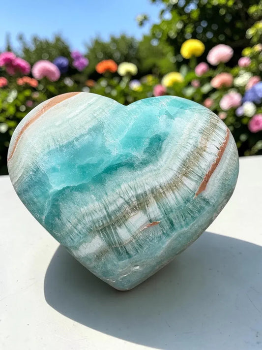 Caribbean Calcite Heart Crystal | Ocean Tones, Calming Energy, Stress Relief, XL Size (65 - 70mm)