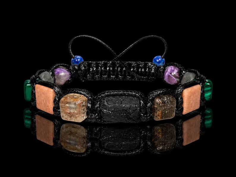 New 2026 Design / Trendy og Exclusivt Shambhala Armbånd, Premium 7 Chakra Bracelet Raw Tourmaline, Flashy Labradorite Rutilated Quartz Sunstone, Genuine Malachite, Lepidolite !