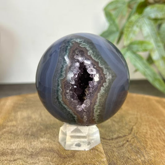 Banded Uruguay Agate & Druzy Sphere Geode - SPH0220, 70mm