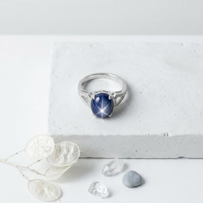 Ny og vakker Art Deco ( Sterling Silver) Oval Blue Star Sapphire ( Lab Created )