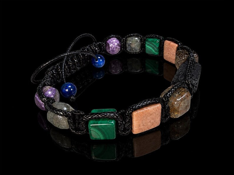 New 2026 Design / Trendy og Exclusivt Shambhala Armbånd, Premium 7 Chakra Bracelet Raw Tourmaline, Flashy Labradorite Rutilated Quartz Sunstone, Genuine Malachite, Lepidolite !