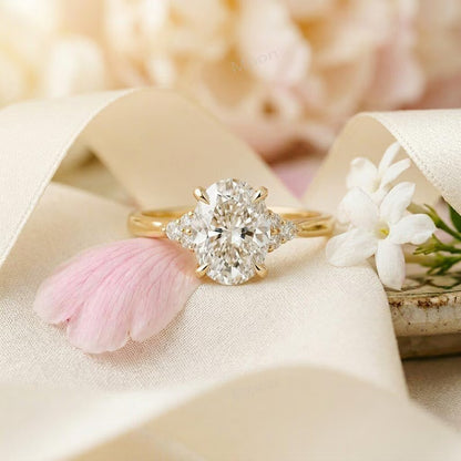 Two Tone Oval CZ Solitaire Ring, Moissanite Stone - Yellow Gold Vermeil & White Gold ( 925s Silver )
