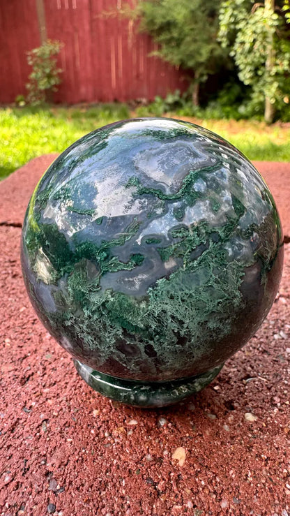 Large Moss Agate Sphere with Matching Sphere Stand, 74mm