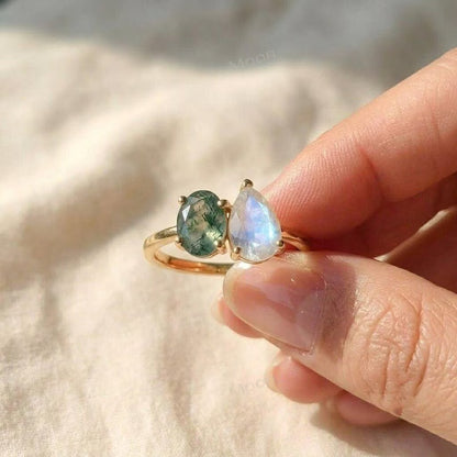 Art Deco & Vintage Moss Agate and Moonstone "Toi et Moi" Ring, Two Stone Ring - 9x7mm, 14K Goldplated (925s silver)