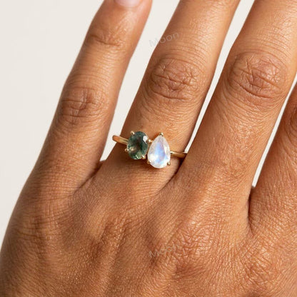 Art Deco & Vintage Moss Agate and Moonstone "Toi et Moi" Ring, Two Stone Ring - 9x7mm, 14K Goldplated (925s silver)
