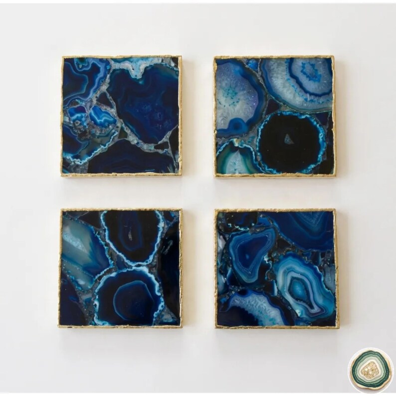 Blue Agate Square Coasters | Natural Stone Drink Coasters | Luxury Table Décor, stk. pris