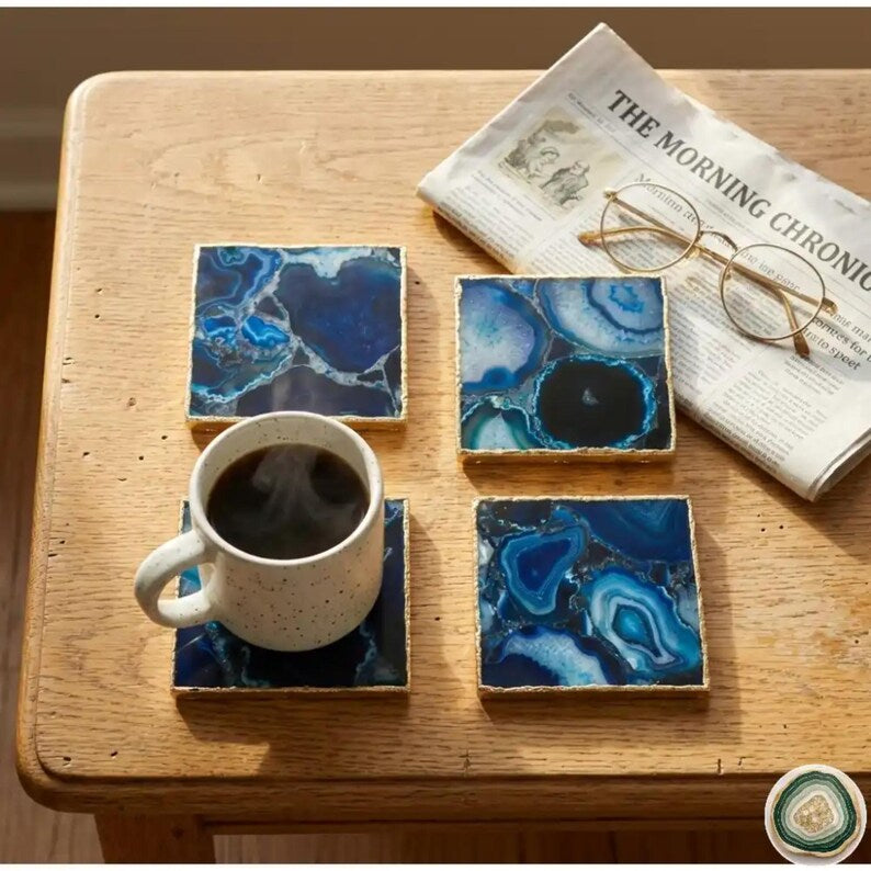 Blue Agate Square Coasters | Natural Stone Drink Coasters | Luxury Table Décor, stk. pris