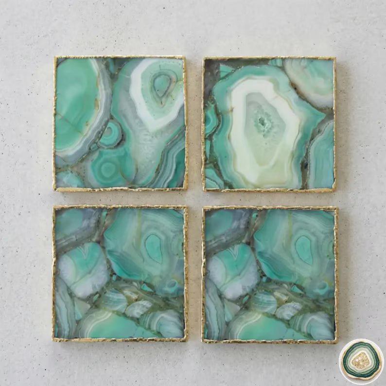 Green Agate Coasters | Natural Stone Drink Coasters | Personalized Gift Set, stk pris