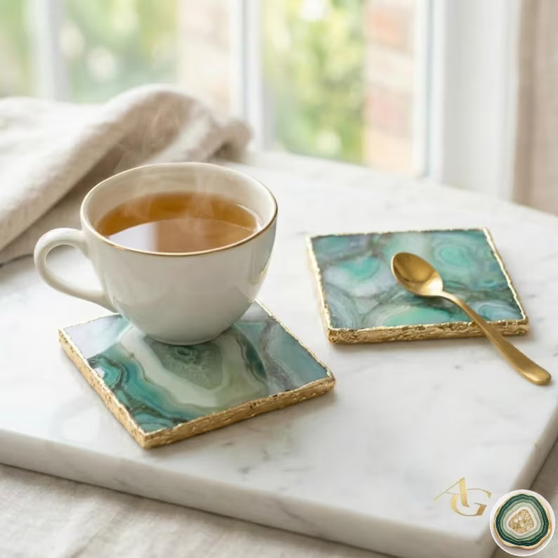 Green Agate Coasters | Natural Stone Drink Coasters | Personalized Gift Set, stk pris