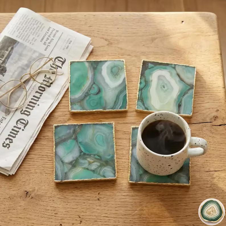 Green Agate Coasters | Natural Stone Drink Coasters | Personalized Gift Set, stk pris