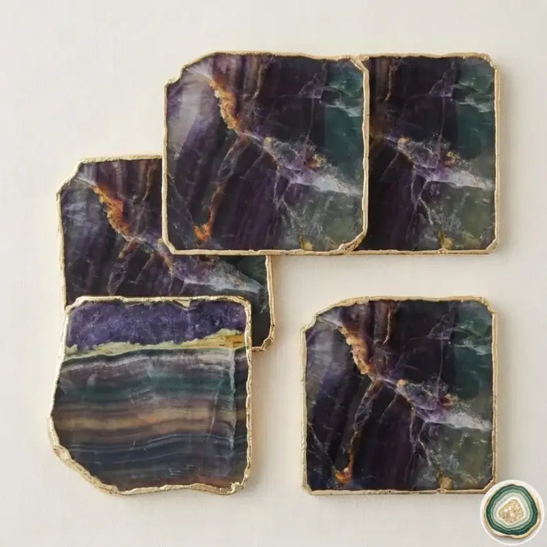 Multi Fluorite Coasters, Natural Gemstone Drinkware, Personalized Memento Gift, Stk. Pris