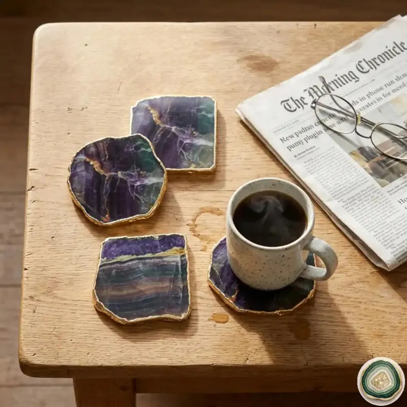 Multi Fluorite Coasters, Natural Gemstone Drinkware, Personalized Memento Gift, Stk. Pris