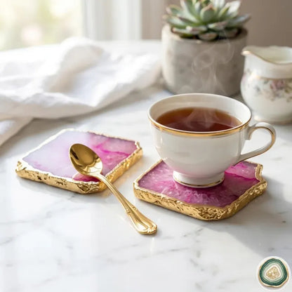 Pink Agate Square Coasters | Natural Stone Drink Coasters | Personalized Memento Gift | Luxury Table Décor, stk pris
