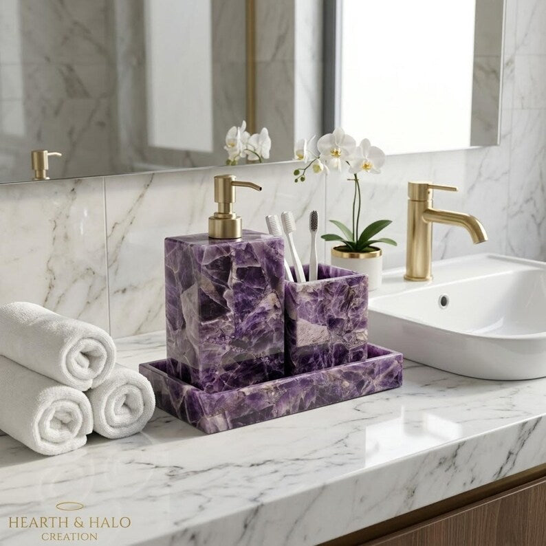 Natural Amethyst Bathroom 3 PCS Set, Purple Crystal Soap Dispenser, Toothbrush Holder, Vanity Tray