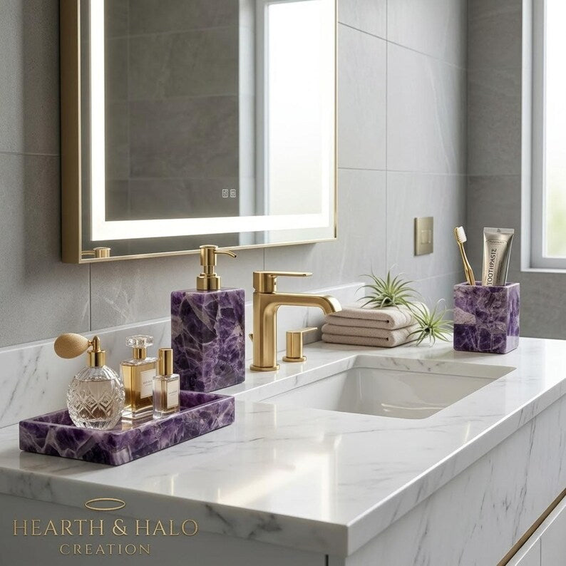 Natural Amethyst Bathroom 3 PCS Set, Purple Crystal Soap Dispenser, Toothbrush Holder, Vanity Tray