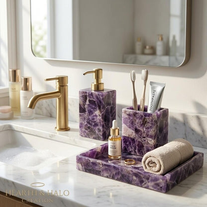 Natural Amethyst Bathroom 3 PCS Set, Purple Crystal Soap Dispenser, Toothbrush Holder, Vanity Tray