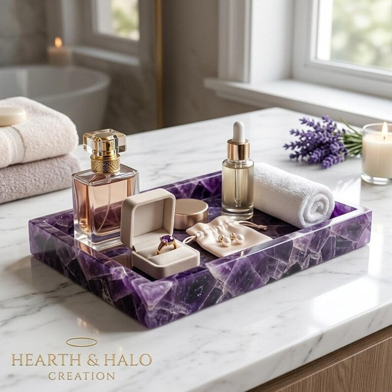 Natural Amethyst Bathroom 3 PCS Set, Purple Crystal Soap Dispenser, Toothbrush Holder, Vanity Tray