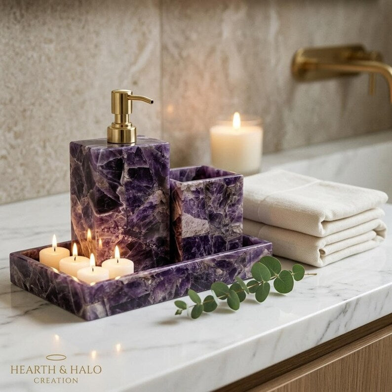 Natural Amethyst Bathroom 3 PCS Set, Purple Crystal Soap Dispenser, Toothbrush Holder, Vanity Tray