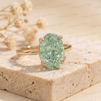 New Mareshia "Solitaire" enstens 11x9mm Mint Green Ametyst (Prasiolite) Ring, Goldplated ( 925s Silver )