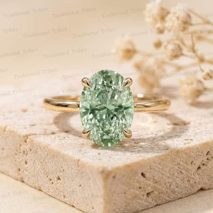 New Mareshia "Solitaire" enstens 11x9mm Mint Green Ametyst (Prasiolite) Ring, Goldplated ( 925s Silver )