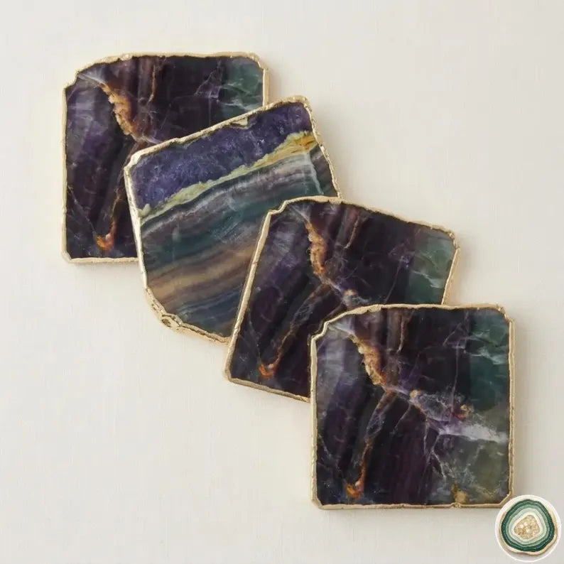 Multi Fluorite Coasters, Natural Gemstone Drinkware, Personalized Memento Gift, Stk. Pris