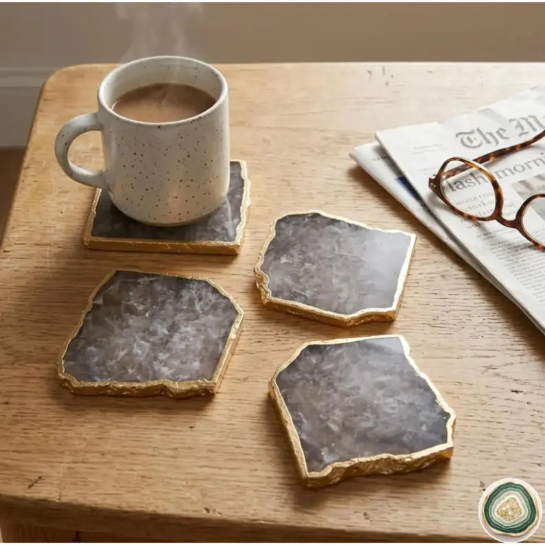 Smoke Grey Quartz Square Coasters | Natural Stone Drink Coasters | Personalized Memento Gift | Luxury Table Décor, stk pris