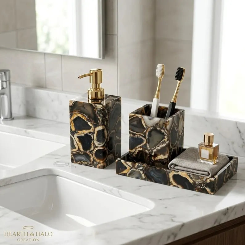 Handcrafted Brazilian Black Agate 3-Piece Bathroom Accessories Set – Luxury Natural Stone Bathroom Decor