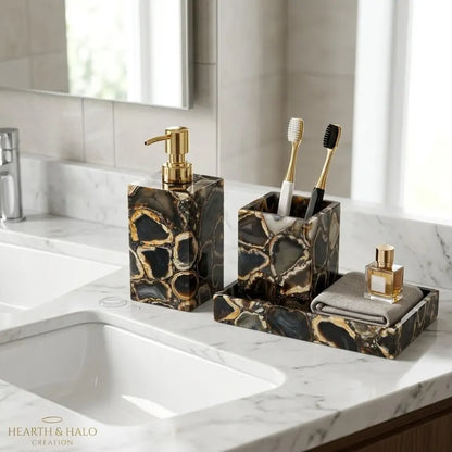 Handcrafted Brazilian Black Agate 3-Piece Bathroom Accessories Set – Luxury Natural Stone Bathroom Decor