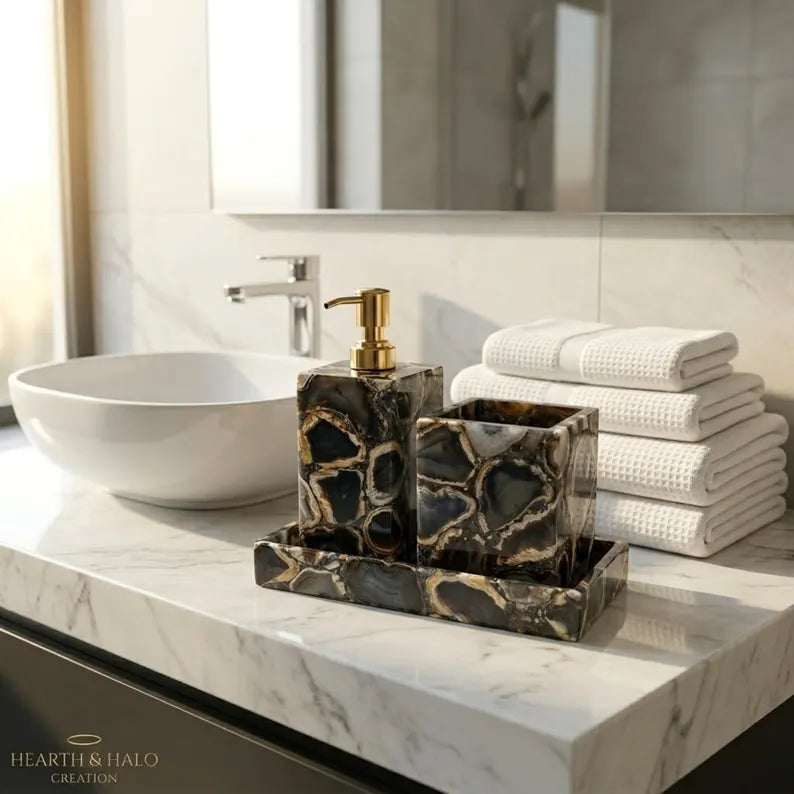 Handcrafted Brazilian Black Agate 3-Piece Bathroom Accessories Set – Luxury Natural Stone Bathroom Decor