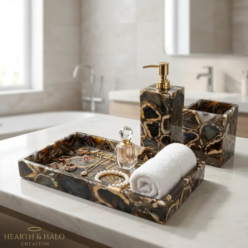 Handcrafted Brazilian Black Agate 3-Piece Bathroom Accessories Set – Luxury Natural Stone Bathroom Decor