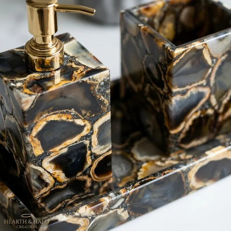 Handcrafted Brazilian Black Agate 3-Piece Bathroom Accessories Set – Luxury Natural Stone Bathroom Decor