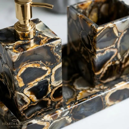 Handcrafted Brazilian Black Agate 3-Piece Bathroom Accessories Set – Luxury Natural Stone Bathroom Decor