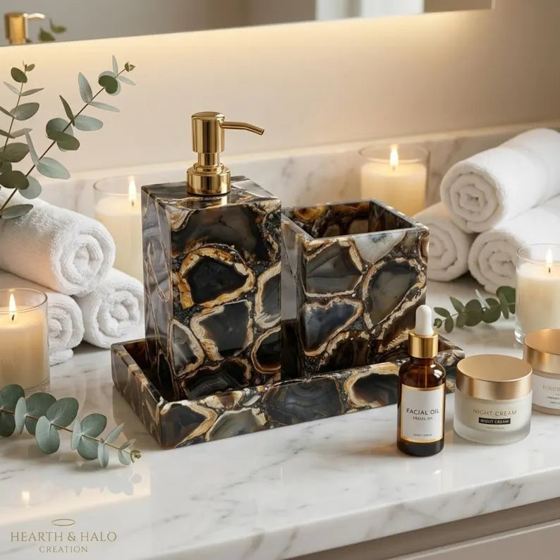 Handcrafted Brazilian Black Agate 3-Piece Bathroom Accessories Set – Luxury Natural Stone Bathroom Decor