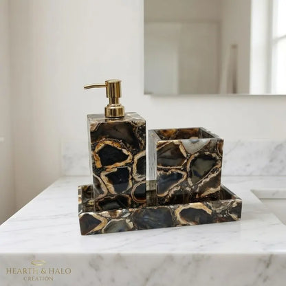 Handcrafted Brazilian Black Agate 3-Piece Bathroom Accessories Set – Luxury Natural Stone Bathroom Decor