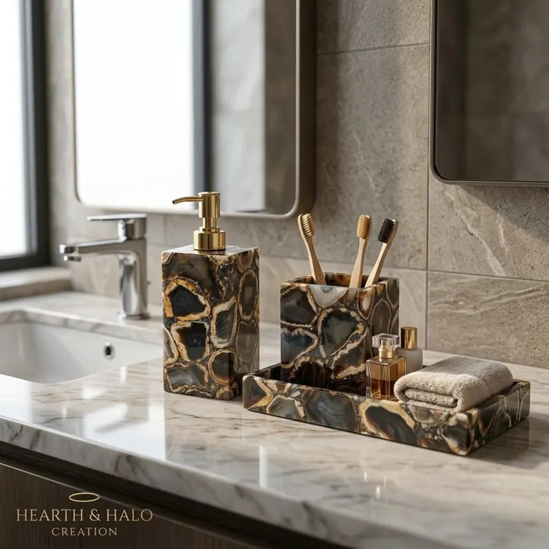 Handcrafted Brazilian Black Agate 3-Piece Bathroom Accessories Set – Luxury Natural Stone Bathroom Decor