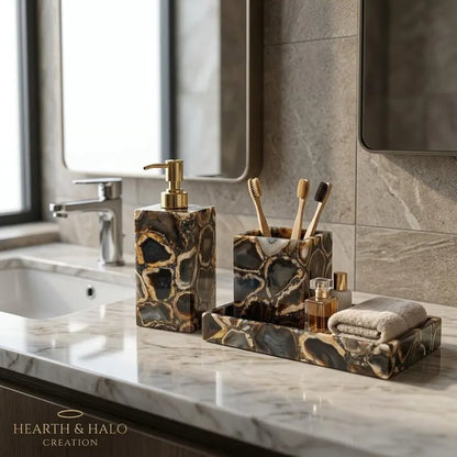 Handcrafted Brazilian Black Agate 3-Piece Bathroom Accessories Set – Luxury Natural Stone Bathroom Decor