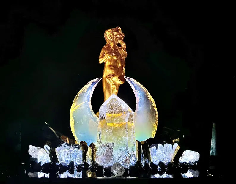 Fantastisk håndlaget Black Obsidian, Opaline, Smoke QUARTZ CRYSTAL Lysdekorasjon - " GOLDEN GODDESS OF ABUNDANCE AND PROTECTION “