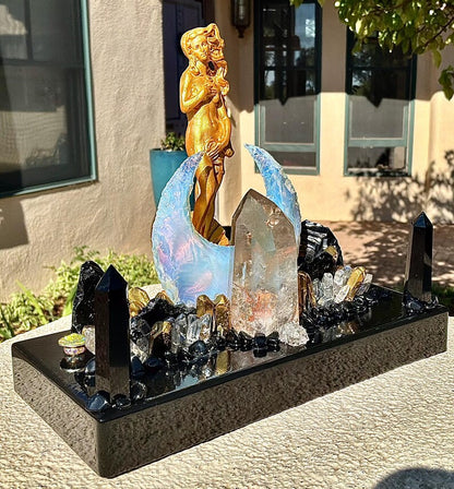 Fantastisk håndlaget Black Obsidian, Opaline, Smoke QUARTZ CRYSTAL Lysdekorasjon - " GOLDEN GODDESS OF ABUNDANCE AND PROTECTION “