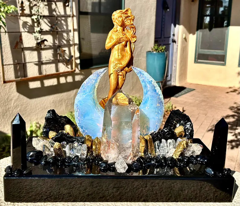 Fantastisk håndlaget Black Obsidian, Opaline, Smoke QUARTZ CRYSTAL Lysdekorasjon - " GOLDEN GODDESS OF ABUNDANCE AND PROTECTION “