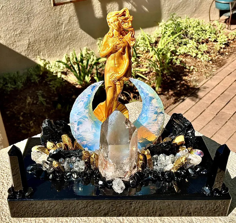 Fantastisk håndlaget Black Obsidian, Opaline, Smoke QUARTZ CRYSTAL Lysdekorasjon - " GOLDEN GODDESS OF ABUNDANCE AND PROTECTION “