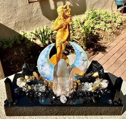 Fantastisk håndlaget Black Obsidian, Opaline, Smoke QUARTZ CRYSTAL Lysdekorasjon - " GOLDEN GODDESS OF ABUNDANCE AND PROTECTION “