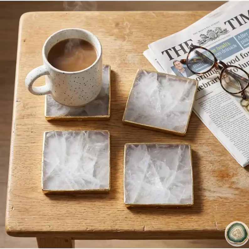 White Agate Square Coasters | Natural Stone Drink Coasters | Personalized Memento Gift | Luxury Table Décor, stk pris