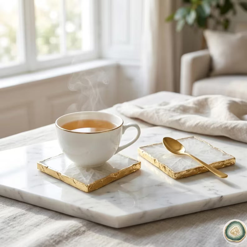 White Agate Square Coasters | Natural Stone Drink Coasters | Personalized Memento Gift | Luxury Table Décor, stk pris