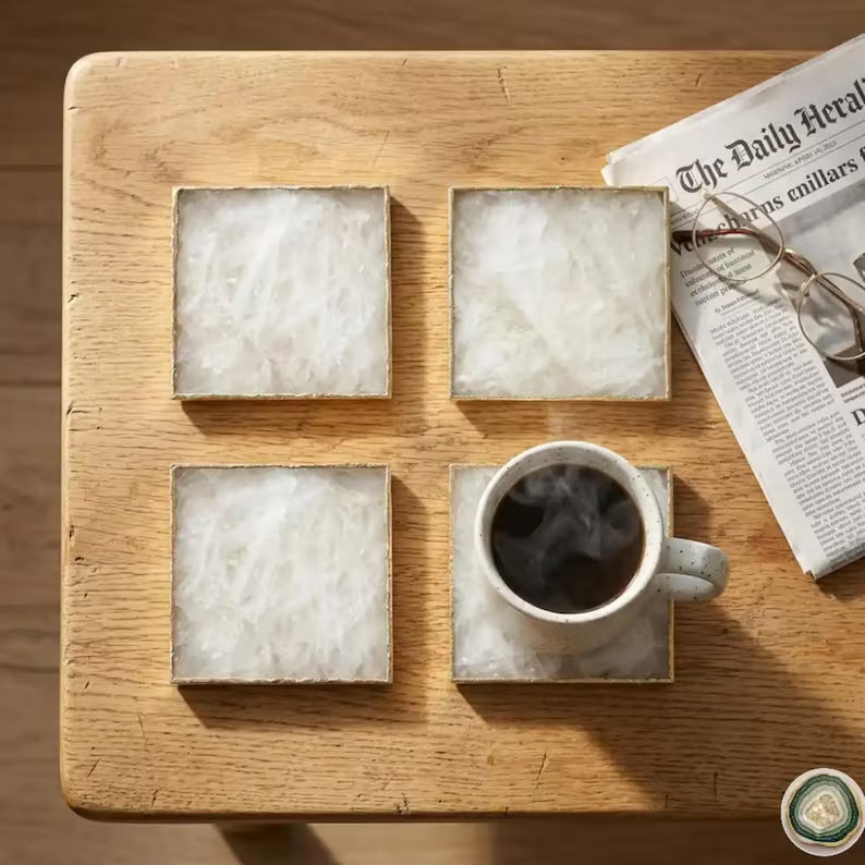 White Agate Square Coasters | Natural Stone Drink Coasters | Personalized Memento Gift | Luxury Table Décor, stk pris