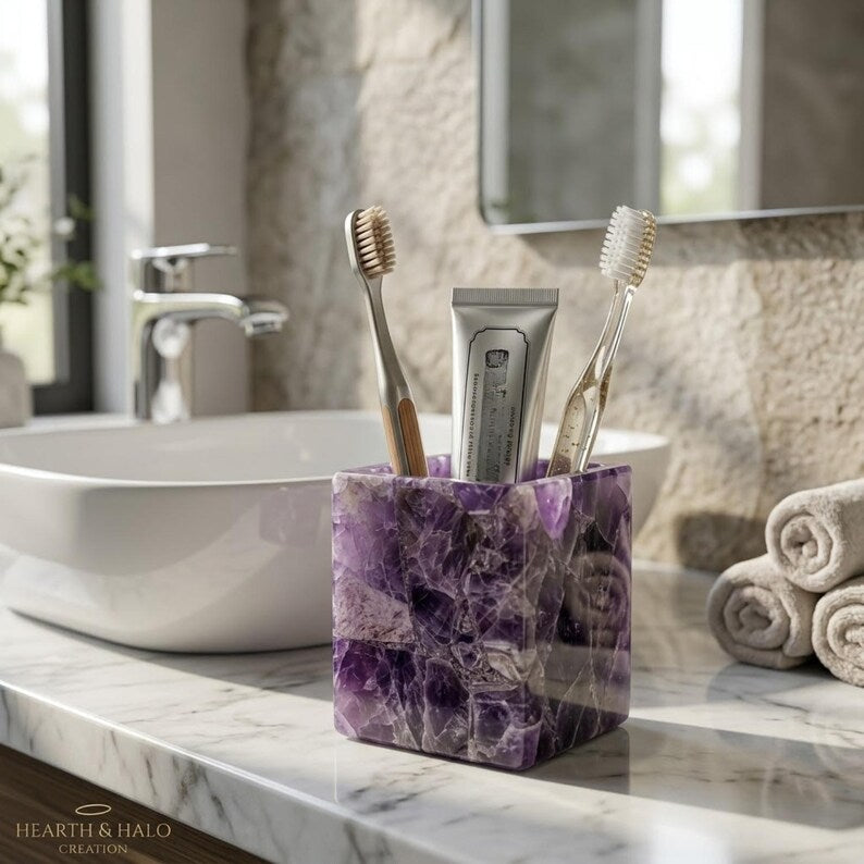 Natural Amethyst Bathroom 3 PCS Set, Purple Crystal Soap Dispenser, Toothbrush Holder, Vanity Tray