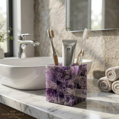 Natural Amethyst Bathroom 3 PCS Set, Purple Crystal Soap Dispenser, Toothbrush Holder, Vanity Tray